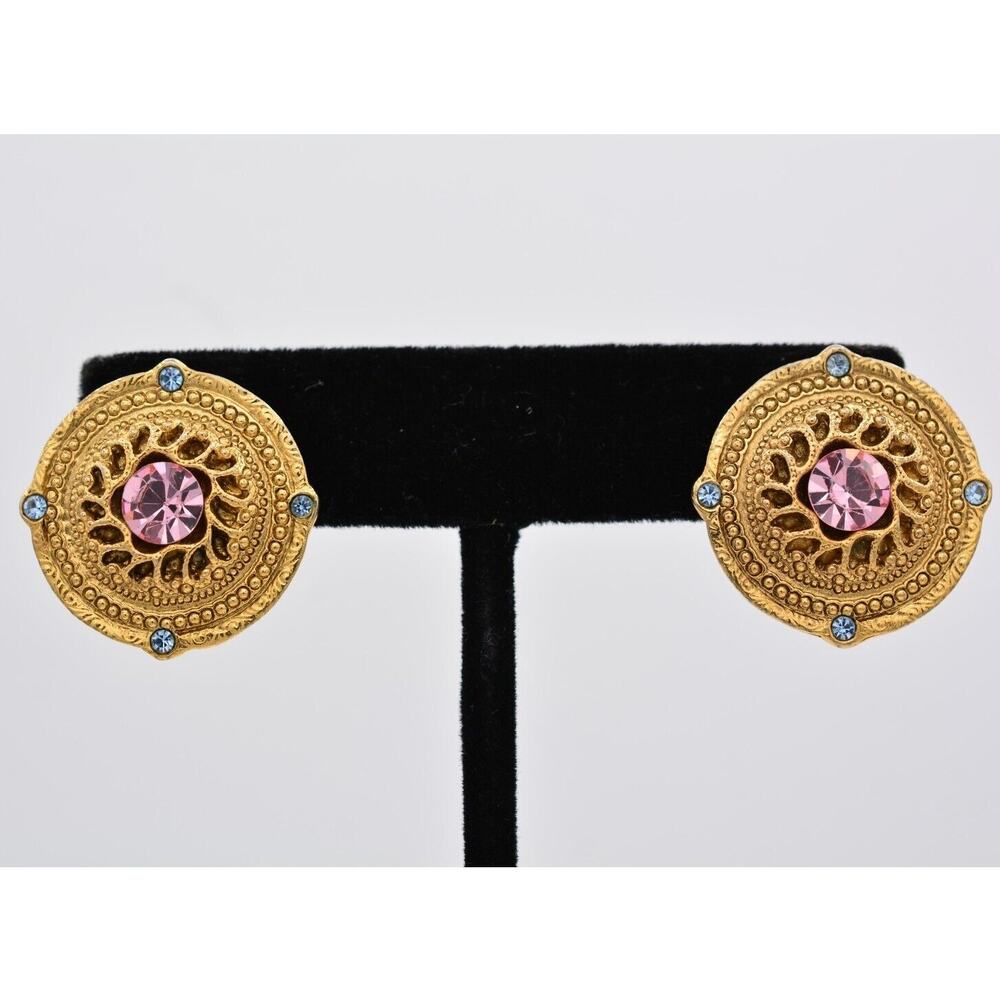 1928 Vintage Clip On Earrings Pink Blue Rhinestone Crystal Antiqued Gold BinAA